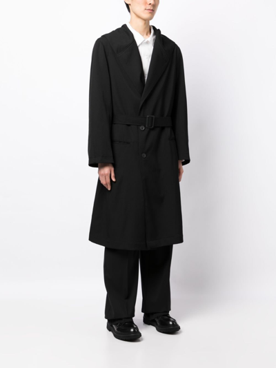 Yohji Yamamoto Belted Hooded Wool Trench Coat In Black