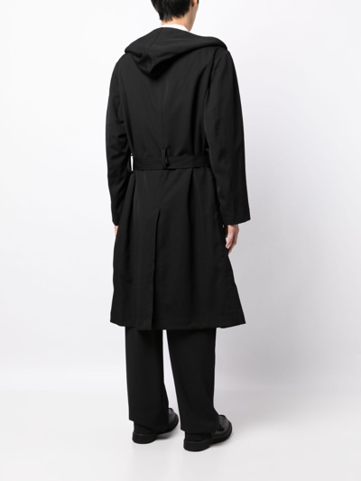 Yohji Yamamoto Belted Hooded Wool Trench Coat In Black