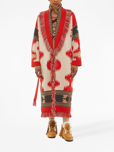 Shop Alanui Intarsia-knit Jacquard Coat In Red