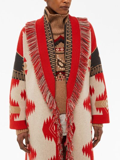 Shop Alanui Intarsia-knit Jacquard Coat In Red