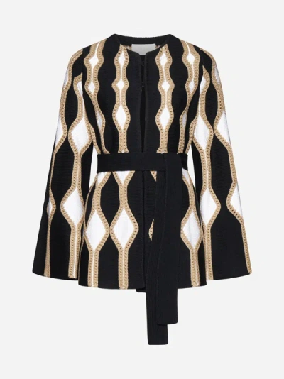 Shop Chloé Wool And Silk Belted Cardigan In Black,beige,white