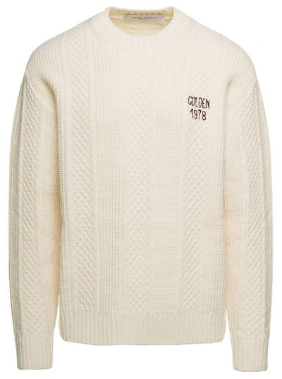 Shop Golden Goose Journey M's Knit Regular Crew Neck Wool Mixed Texture Stripes/ Heart Embroidery In White
