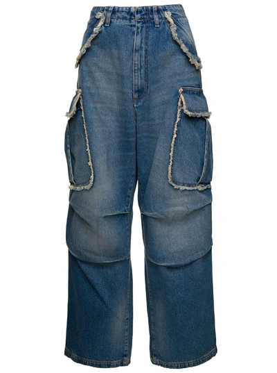 Shop Darkpark 'vivi' Light Blue Oversized Cargo Jeans With Patch Pockets In Cotton Denim Woman