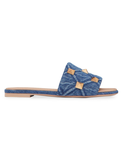 Shop Valentino Women's Roman Stud Flat Denim Slide Sandals In Blue