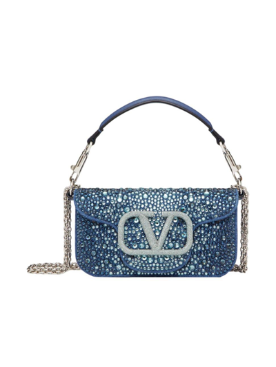 Shop Valentino Women's Small Locò Denim Shoulder Bag With Rhinestones In Blue