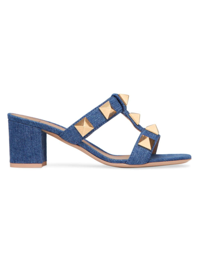 Shop Valentino Women's Roman Stud Denim Slide Sandals In Blue