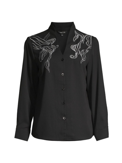 Shop Misook Women's Abstract Embroidered Crepe Blouse In Black White