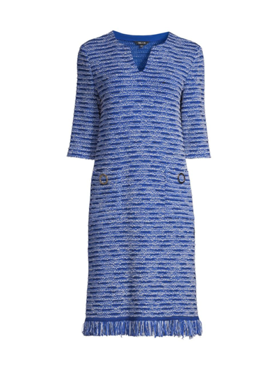 Shop Misook Women's Fringe Trim Tweed Shift Dress In Lyons Blue