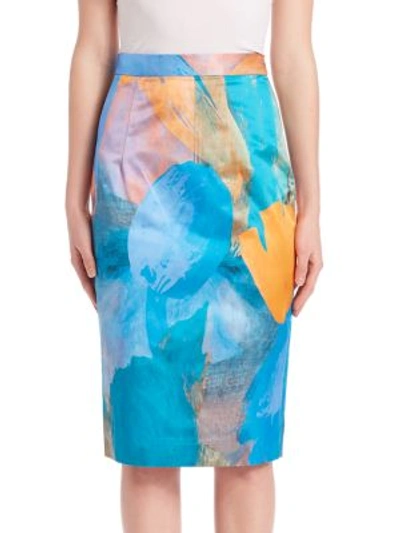 Milly Watercolor Printed Silk Blend Pencil Skirt In Teal