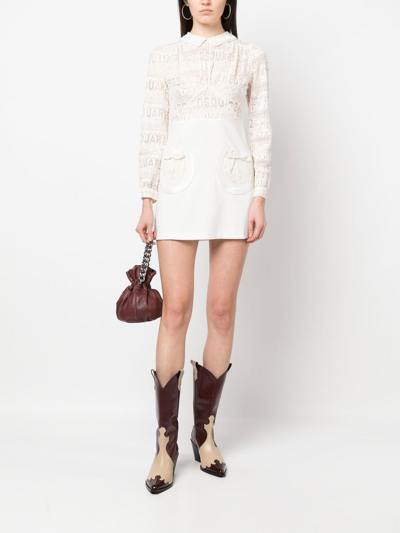 Shop Dsquared2 Logo-lace Long-sleeve Minidress In Neutrals