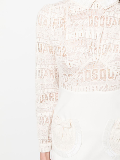 Shop Dsquared2 Logo-lace Long-sleeve Minidress In Neutrals