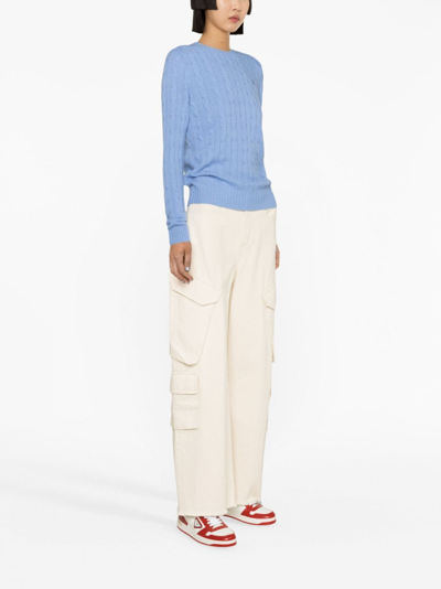 Polo Ralph Lauren Cable Knit Crewneck Sweater With Ribbed Trim In Blue