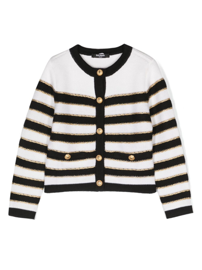 Shop Balmain Striped Buttoned Knitted Cardigan In Black