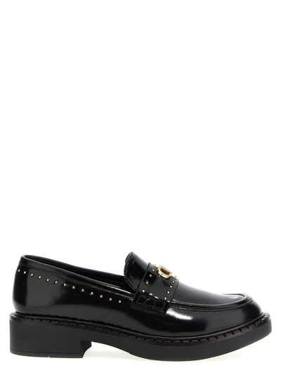 Shop Twinset Logo Leather Loafers In Black