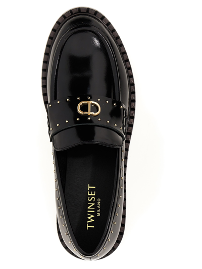 Shop Twinset Logo Leather Loafers In Black