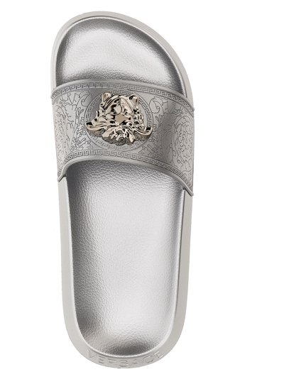 Shop Versace Medusa Slides In Silver