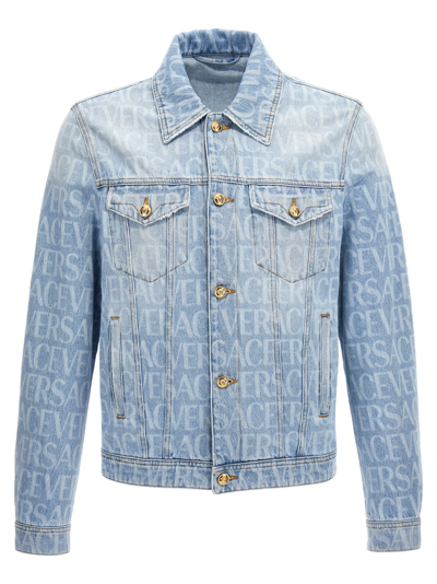 Shop Versace Allover Denim Jacket In Blue