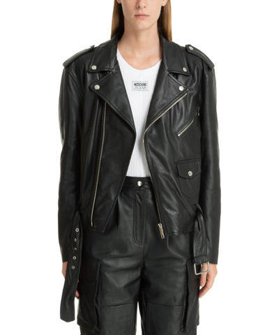 Shop M05ch1n0 Jeans Leather Leather Jackets In Black