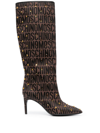Shop Moschino 75mm Crystal-embellished Boots In Brown