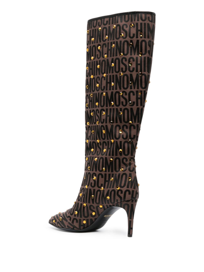 Shop Moschino 75mm Crystal-embellished Boots In Brown