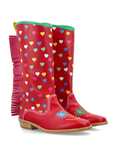 Shop Stella Mccartney Fringe Hearts Boots In Red
