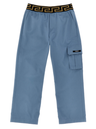 Shop Versace Greca Pants In Light Blue