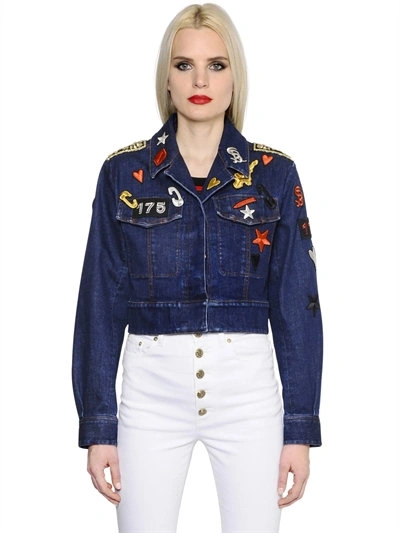 Shop Sonia Rykiel Stretch Cotton Denim Jacket With Patches, Blue/multi