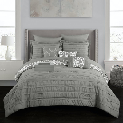 Shop Chic Home Design Zarina 10 Piece Reversible Comforter Bed In A Bag Ruffled Pinch Pleat Motif Pattern In Grey