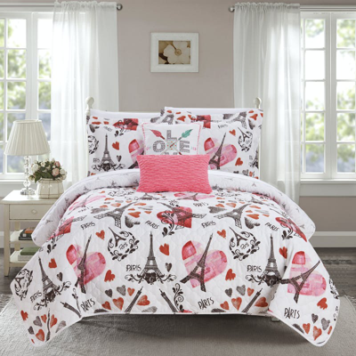 Shop Chic Home Design Matisse 4 Piece Reversible Quilt Set "paris Is Love" Inspired Printed Design Coverlet Bedding In Pink