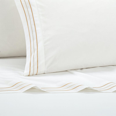Shop Chic Home Design Freia 4 Piece Organic Cotton Sheet Set Solid White With Dual Stripe Embroidery Zipp In Yellow