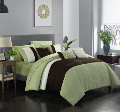 Shop Chic Home Design Arza 10 Piece Comforter Set Color Block Quilted Embroidered Design Bed In A Bag Bed In Green