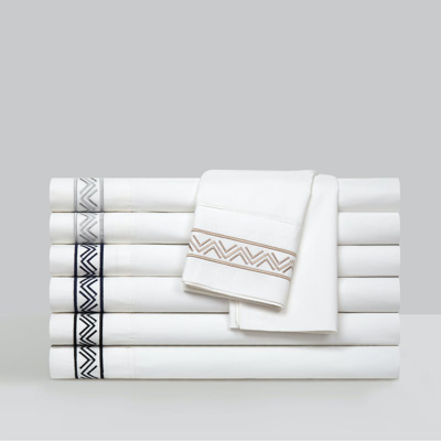 Shop Chic Home Design Arden 4 Piece Organic Cotton Sheet Set Solid White With Dual Stripe Embroidery Zig- In Brown