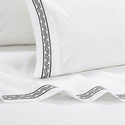 Shop Chic Home Design Arden 4 Piece Organic Cotton Sheet Set Solid White With Dual Stripe Embroidery Zig- In Black