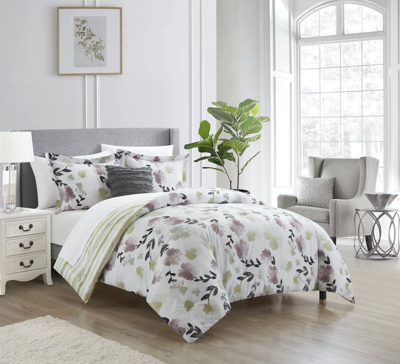 Shop Chic Home Design Devon Green 3 Piece Comforter Set Reversible Watercolor Floral Print Striped Patter