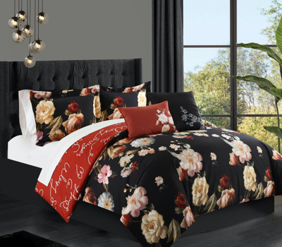 Shop Chic Home Design Ethel 9 Piece Reversible Comforter Set Floral Print Cursive Script Design Bed In A Bag In Black