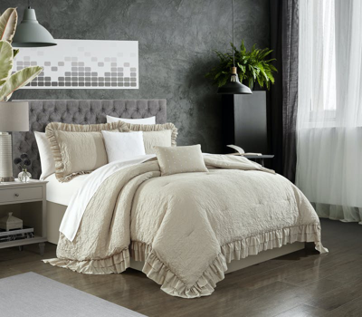 Shop Chic Home Design Kensley 4 Piece Comforter Set Washed Crinkle Ruffled Flange Border Design Bedding In Brown