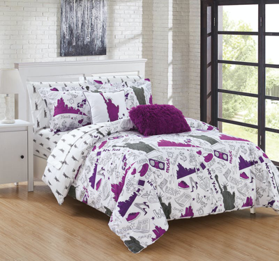 Shop Chic Home Design Ellis 7 Piece Reversible Comforter Set New York Inspired Printed Design Bed In A Ba In Purple