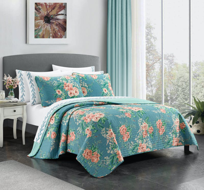Shop Chic Home Design Carlotta 9 Piece Quilt Set Watercolor Floral Pattern Print Bed In A Bag In Green