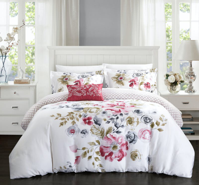 Shop Chic Home Design Mitzy 4 Piece Reversible Duvet Cover Set 100% Cotton Large Floral Design Geometric  In Red