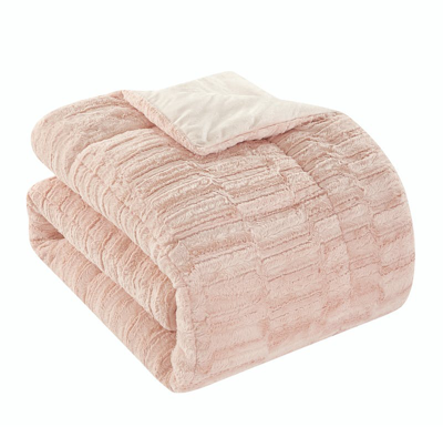 Shop Chic Home Design Pacifica 3 Piece Comforter Set Textured Geometric Pattern Faux Rabbit Fur Micro-min In Pink