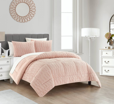 Shop Chic Home Design Pacifica 3 Piece Comforter Set Textured Geometric Pattern Faux Rabbit Fur Micro-min In Pink