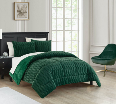Shop Chic Home Design Pacifica 7 Piece Comforter Set Textured Geometric Pattern Faux Rabbit Fur Micro-min In Green