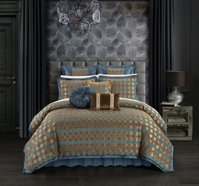 Shop Chic Home Design Sue 13 Piece Comforter Set Chenille Geometric Scroll Pattern Flange Border Bed In A Bag In Blue