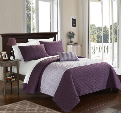 Shop Chic Home Design Walker 8 Piece Quilt Cover Set Contemporary Two Tone Geometric Embroidered Quilted  In Purple