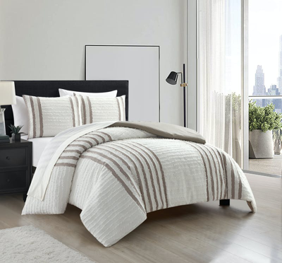 Shop Chic Home Design Salma 3 Piece Cotton Duvet Cover Set Clip Jacquard Striped Pattern Design Bedding In Brown
