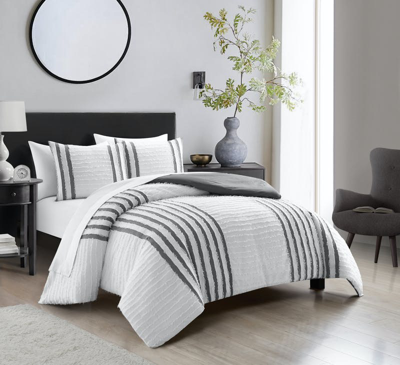 Shop Chic Home Design Salma 3 Piece Cotton Duvet Cover Set Clip Jacquard Striped Pattern Design Bedding In Grey