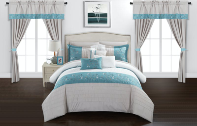 Shop Chic Home Design Sonjae 20 Piece Comforter Set Color Block Floral Embroidered Bed In A Bag Bedding In Blue