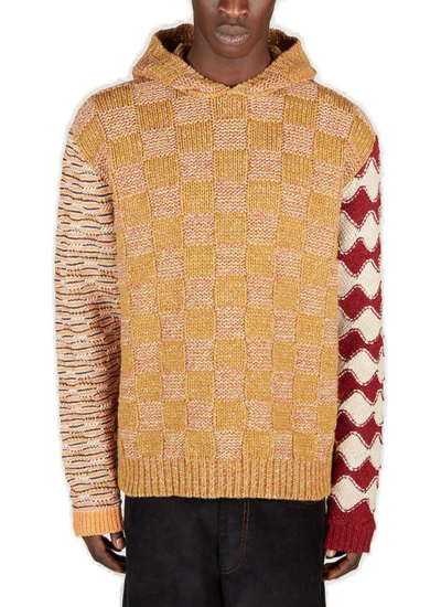 Shop Marni Panelled Chequerboard Knitted Hoodie In Multi