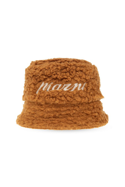 Shop Marni Logo Embroidered Teddy Bucket Hat In Brown
