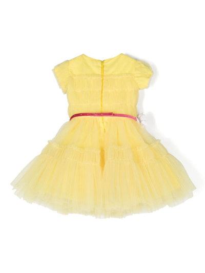 Shop Monnalisa Faux-flower-detail Tulle Dress In Yellow